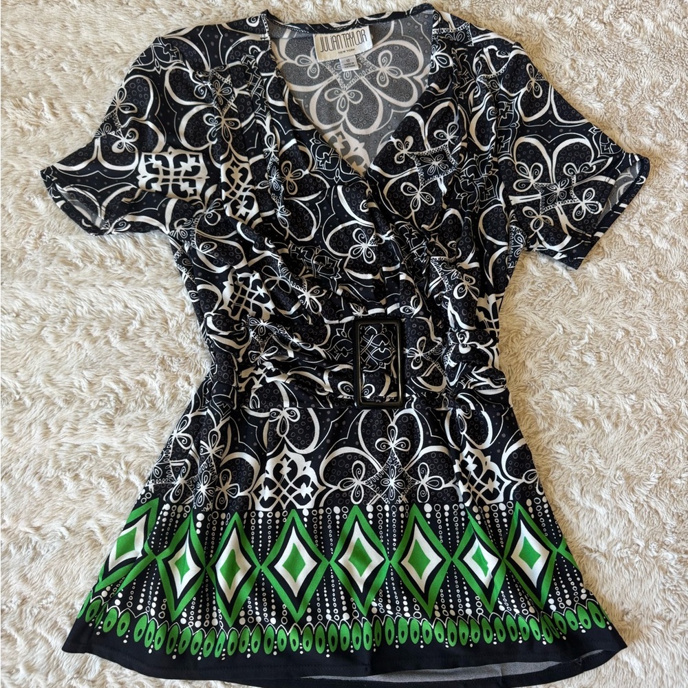Black and green patterned blouse with buckle accent